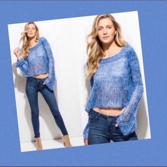 UNIQ BRAND BELL SLEEVE KNIT METALLIC BLUE CROP SWEATER - Picture 1 of 6
